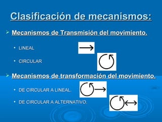 Clasificación de mecanismos:Clasificación de mecanismos:
 Mecanismos de Transmisión del movimiento.Mecanismos de Transmisión del movimiento.

LINEALLINEAL

CIRCULARCIRCULAR
 Mecanismos de transformación del movimiento.Mecanismos de transformación del movimiento.

DE CIRCULAR A LINEAL.DE CIRCULAR A LINEAL.

DE CIRCULAR A ALTERNATIVO.DE CIRCULAR A ALTERNATIVO.
 