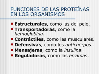 FUNCIONES DE LAS PROTEÍNAS EN LOS ORGANISMOS Estructurales , como las del pelo. Transportadoras , como la  hemoglobina . Contráctiles , como las musculares. Defensivas , como los  anticuerpos . Mensajeras , como la  insulina . Reguladoras , como las  enzimas . 