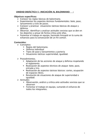 UNIDAD DIDÁCTICA 5 : INICIACIÓN AL BALONMANO              :

Objetivos específicos:
   Conocer las reglas básicas de balonmano.
   Experimentar los aspectos técnicos fundamentales: bote, pase,
      lanzamiento y ciclo de pasos.
   Conocer y practicar situaciones tácticas básicas de ataque y
      defensa.
   Observar, identificar y analizar actitudes sexistas que se den en
      los deportes y actuar de forma crítica ante ellas.
   Fomentar el trabajo en equipo, haciendo hincapié en la suma de
      esfuerzos para la consecución de un fin común.

Contenidos:
   Conceptos:
         Reglas del balonmano.
         Defensa individual
         Tipos de pase y lanzamientos a portería
         Situaciones tácticas superioridad, igualdad.

    Procedimientos.
         Adaptación de las acciones de ataque y defensa respetando
           el reglamento.
         Realización de aspectos técnicos de ataque: bote, pase,
           entrada y tiro.
         Realización de aspectos tácticos básicos: cortes, ocupación
           de espacios libres.
         Resolución de situaciones de ataque de superioridad e
           igualdad.
    Actitudes:
         Observación, análisis y crítica ante actitudes sexistas que se
           observen
         Fomentar el trabajo en equipo, sumando el esfuerzo de
           todos los integrantes.




                                                                        1
 