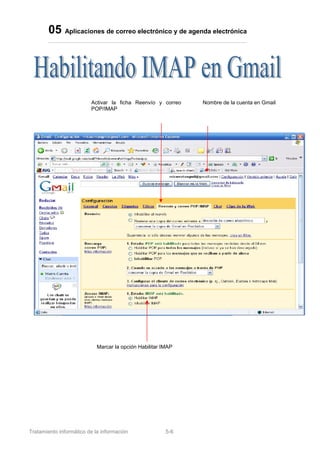 05 Aplicaciones de correo electrónico y de agenda electrónica
Tratamiento informático de la información 5-6
Marcar la opción Habilitar IMAP
Activar la ficha Reenvío y correo
POP/IMAP
Nombre de la cuenta en Gmail
 
