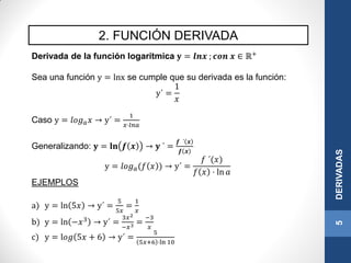 2. FUNCIÓN DERIVADA
5DERIVADAS
Derivada de la función logarítmica 𝐲 = 𝒍𝒏𝒙 ; 𝒄𝒐𝒏 𝒙 ∈ ℝ+
Sea una función y = lnx se cumple que su derivada es la función:
y´ =
1
𝑥
Caso y = 𝑙𝑜𝑔 𝑎 𝑥 → y´ =
1
𝑥·𝑙𝑛𝑎
Generalizando: 𝐲 = 𝐥𝐧 𝒇 𝒙 → 𝐲 ´ =
𝒇 ´ 𝒙
𝒇 𝒙
y = 𝑙𝑜𝑔 𝑎(𝑓 𝑥 ) → y´ =
𝑓 ´(𝑥)
𝑓 𝑥 · ln 𝑎
EJEMPLOS
a) y = ln 5𝑥 → y´ =
5
5𝑥
=
1
𝑥
b) y = ln −𝑥3
→ y´ =
3𝑥2
−𝑥3 =
−3
𝑥
c) y = l𝑜𝑔 5𝑥 + 6 → y´ =
5
5𝑥+6 ·ln 10
 