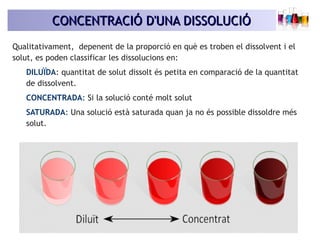 CONCENTRACIÓ D'UNA DISSOLUCIÓCONCENTRACIÓ D'UNA DISSOLUCIÓ
Qualitativament, depenent de la proporció en què es troben el dissolvent i el
solut, es poden classificar les dissolucions en:
DILUÏDA: quantitat de solut dissolt és petita en comparació de la quantitat
de dissolvent.
CONCENTRADA: Si la solució conté molt solut
SATURADA: Una solució està saturada quan ja no és possible dissoldre més
solut.
 
