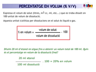 PERCENTATGE EN VOLUM (% V/V)PERCENTATGE EN VOLUM (% V/V)
Expressa el volum de solut (litres, m3 cc, ml, etc...) que es tro...