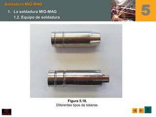 5
Figura 5.18.
Diferentes tipos de toberas.
Soldadura MIG-MAGSoldadura MIG-MAG
1.1. La soldadura MIG-MAGLa soldadura MIG-MAG
1.2. Equipo de soldadura1.2. Equipo de soldadura
 