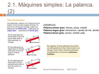 2.1. Màquines simples: La palanca.
25
     (2)

                   EXEMPLES:
                   Palanca primer grau: tisores, pinça, martell.
                   Palanca segon grau: trencanous, carretó de mà, obridor
                   Palanca tercer grau: pinces, martell, pala




                   Secció d’Institut Dosrius.   09/01/2012
 