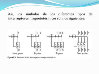 Así, los símbolos de los diferentes tipos de
interruptores magnetotérmicos son los siguientes:
 