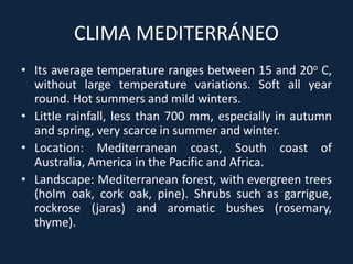 CLIMA MEDITERRÁNEO
• Its average temperature ranges between 15 and 20o C,
without large temperature variations. Soft all year
round. Hot summers and mild winters.
• Little rainfall, less than 700 mm, especially in autumn
and spring, very scarce in summer and winter.
• Location: Mediterranean coast, South coast of
Australia, America in the Pacific and Africa.
• Landscape: Mediterranean forest, with evergreen trees
(holm oak, cork oak, pine). Shrubs such as garrigue,
rockrose (jaras) and aromatic bushes (rosemary,
thyme).
 
