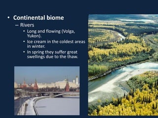 • Continental biome
– Rivers
• Long and flowing (Volga,
Yukon).
• Ice cream in the coldest areas
in winter.
• In spring they suffer great
swellings due to the thaw.
 