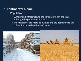 • Continental biome
– Population
• Lumber and infrastructure are concentrated in the taiga,
although the population is scarce.
• The grasslands are more populated and are dedicated to the
cultivation or to the raising of cattle.
 