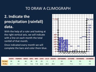2. Indicate the
precipitation (rainfall)
data.
With the help of a ruler and looking at
the right vertical axis, we will indicate
with a line on each month the total
rainfall of that month.
Once indicated every month we will
complete the bars and color them blue.
TO DRAW A CLIMOGRAPH
 