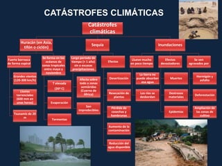 Catástrofes
climáticas
Huracán (en Asia,
tifón o ciclón)
Fuerte borrasca
de forma espiral
Grandes vientos
(120-300 km/h)
Lluvias
torrenciales
(600 mm en
unas horas)
Tsunamis de 20
m
Se forma en los
océanos de
zonas tropicales
entre mayo y
noviembre
T elevada
(26º C)
Evaporación
Tormentas
Sequía
Largo periodo de
tiempo (> 1 año)
sin o escasas
precipitaciones
Afecta sobre
todo a zonas
semiáridas
(Cuerno de
África)
Son
impredecibles
Efectos
Desertización
Resecación de
plantas
Pérdida de
cosechas y
hambrunas
Aumento de la
contaminación
Reducción del
agua disponible
Inundaciones
Llueve mucho
en poco tiempo
La tierra no
puede absorber
esa agua
Los ríos se
desbordan
Efectos
devastadores
Muertes
Destrozos
materiales
Epidemias
Se ven
agravados por
Hormigón y
asfalto
Deforestación
Ampliación de
las zonas de
cultivo
CATÁSTROFES CLIMÁTICAS
 
