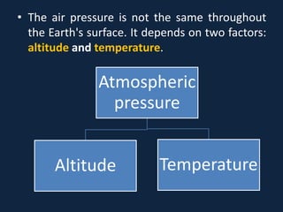 • The air pressure is not the same throughout
the Earth's surface. It depends on two factors:
altitude and temperature.
Atmospheric
pressure
Altitude Temperature
 