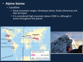 • Alpine biome
– Location
• Great mountain ranges: Himalayas (Asia), Andes (America) and
Alps (Europe).
• It is considered high mountain above 2500 m, although it
varies throughout the planet.
 