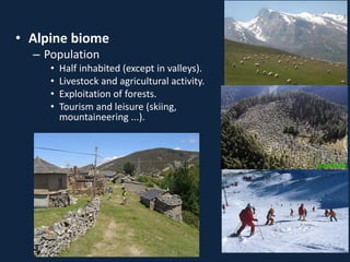 • Alpine biome
– Population
• Half inhabited (except in valleys).
• Livestock and agricultural activity.
• Exploitation of forests.
• Tourism and leisure (skiing,
mountaineering ...).
 