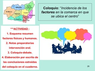 Coloquio: “Incidencia de los
factores en la comarca en que
se ubica el centro”
***ACTIVIDAD :
1. Esquema resumen
factores físicos y humanos.
2. Notas preparatorias
intervención oral.
3. Coloquio-debate.
4. Elaboración por escrito de
las conclusiones extraídas
del coloquio en el cuaderno. 29
 