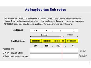 Slide
105
O mesmo raciocínio de sub-rede pode ser usado para dividir várias redes da
classe A em sub-redes otimizadas. Um endereço classe A, como por exemplo
10.X.X.X pode ser dividido de qualquer forma por meio da máscara.
11111111 00000000
11111111
SubNet Mask
Hosts
Subnet
111111 00
resulta em
214-2= 16382 SNet
210-2=1022 Hosts/subnet
Aplicações das Sub-redes
10 . 0 . 0 . 0
Endereço
255 . 255 . 252 . 0
End. da 1a
sub-rede
End. da última
sub-rede
 