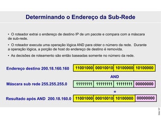 Slide
107
• O roteador extrai o endereço de destino IP de um pacote e compara com a máscara
de sub-rede.
• O roteador executa uma operação lógica AND para obter o número da rede. Durante
a operação lógica, a porção de host do endereço de destino é removida.
• As decisões de roteamento são então baseadas somente no número da rede.
11001000 00010010 10100000 10100000
Endereço destino 200.18.160.160
11111111 11111111 11111111 00000000
Máscara sub rede 255.255.255.0
Resultado após AND 200.18.160.0
AND
=
00000000
11001000 00010010 10100000
Determinando o Endereço da Sub-Rede
 