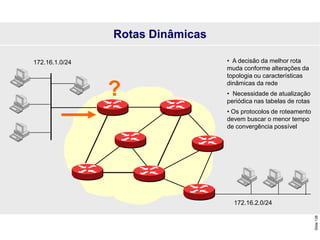 Slide
138
• A decisão da melhor rota
muda conforme alterações da
topologia ou características
dinâmicas da rede
• Necessidade de atualização
periódica nas tabelas de rotas
• Os protocolos de roteamento
devem buscar o menor tempo
de convergência possível
Rotas Dinâmicas
?
172.16.1.0/24
172.16.2.0/24
 