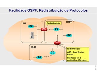 Slide
148
RIP
OSPF
IS-IS
Facilidade OSPF: Redistribuição de Protocolos
Redistribuição
ABR: Area Border
Router
Interfaces em 2
protocolos diferentes
Redistribuição
 