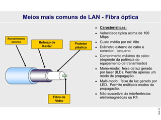 Slide
19
Meios mais comuns de LAN - Fibra óptica
Revestimento
externo Reforço de
Kevlar
Protetor
plástico
Fibra de
Vidro
 Características:
 Velocidade típica acima de 100
Mbps
 Custo médio por nó: Alto
 Diâmetro externo do cabo e
conector: pequeno
 Comprimento máximo do cabo:
(depende da potência do
equipamento de transmissão)
 Mono-modo: feixe de luz gerado
por laser (ILD). Permite apenas um
modo de propagação.
 Multi-modo: feixe de luz gerado por
LED. Permite múltiplos modos de
propagação.
 Não suscetível às interferências
eletromagnéticas ou RF.
 