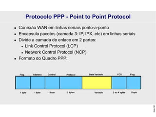 Slide
191
Protocolo PPP - Point to Point Protocol
 Conexão WAN em linhas seriais ponto-a-ponto
 Encapsula pacotes (camada 3: IP, IPX, etc) em linhas seriais
 Divide a camada de enlace em 2 partes:
 Link Control Protocol (LCP)
 Network Control Protocol (NCP)
 Formato do Quadro PPP:
Flag Address Control Protocol Data Variable FCS
1 byte 1 byte 1 byte 2 bytes Variable 2 ou 4 bytes
Flag
1 byte
 