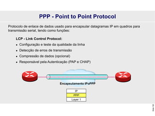 Slide
193
Protocolo de enlace de dados usado para encapsular datagramas IP em quadros para
transmissão serial, tendo como funções:
LCP - Link Control Protocol:
 Configuração e teste da qualidade da linha
 Detecção de erros de transmissão
 Compressão de dados (opcional)
 Responsável pela Autenticação (PAP e CHAP)
PPP - Point to Point Protocol
Encapsulamento IPoPPP
IP
PPP
Layer 1
 