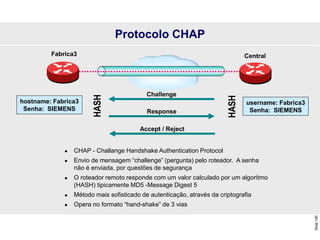 Slide
195
Protocolo CHAP
 CHAP - Challange Handshake Authentication Protocol
 Envio de mensagem “challenge” (pergunta) pelo roteador. A senha
não é enviada, por questões de segurança
 O roteador remoto responde com um valor calculado por um algoritmo
(HASH) tipicamente MD5 -Message Digest 5
 Método mais sofisticado de autenticação, através da criptografia
 Opera no formato “hand-shake” de 3 vias
Response
Accept / Reject
Challenge
HASH
HASH
hostname: Fabrica3
Senha: SIEMENS
Fabrica3 Central
username: Fabrica3
Senha: SIEMENS
 