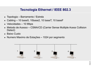 Slide
25
Tecnologia Ethernet / IEEE 802.3
 Topologia – Barramento / Estrela
 Cabling – 10 base5, 10base2, 10 baseT, 10 baseF
 Velocidades – 10 Mbps
 Metodo de Acesso – CSMA/CD (Carrier Sense Multiple Acess Collision
Detect)
 Baixo Custo
 Numero Maximo de Estações – 1024 por segmento
4
3
2
1
 