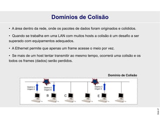 Slide
47
Domínios de Colisão
• A área dentro da rede, onde os pacotes de dados foram originados e colididos.
• Quando se trabalha em uma LAN com muitos hosts a colisão é um desafio a ser
superado com equipamentos adequados.
• A Ethernet permite que apenas um frame acesse o meio por vez.
• Se mais de um host tentar transmitir ao mesmo tempo, ocorrerá uma colisão e os
todos os frames (dados) serão perdidos.
Destino C
Origem A
C E
B
Destino E
Origem B
Destino C
Origem E
Domínio de Colisão
 