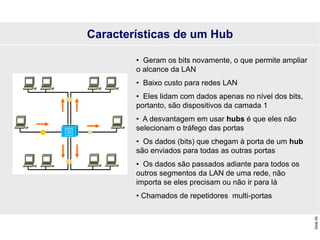 Slide
55
Características de um Hub
• Geram os bits novamente, o que permite ampliar
o alcance da LAN
• Baixo custo para redes LAN
• Eles lidam com dados apenas no nível dos bits,
portanto, são dispositivos da camada 1
• A desvantagem em usar hubs é que eles não
selecionam o tráfego das portas
• Os dados (bits) que chegam à porta de um hub
são enviados para todas as outras portas
• Os dados são passados adiante para todos os
outros segmentos da LAN de uma rede, não
importa se eles precisam ou não ir para lá
• Chamados de repetidores multi-portas
 