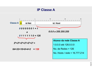 Slide
88
0 id. Net id. Host
0 32
8 16 24
Classe A
0.0.0 a 255.255.255
0 0 0 0 0 0 0 1
a
0 1 1 1 1 1 1 0
26+25+24+23+22+21 =
64+32+16+8+4+2 = 126
= 1
= 126
Alcance da rede Classe A
1.0.0.0 até 126.0.0.0
No. de Redes = 126
No. Hosts / rede = 16.777.214
IP Classe A
 