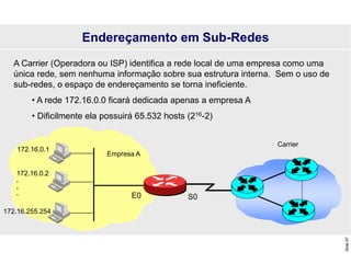 Slide
97
Endereçamento em Sub-Redes
172.16.0.1
172.16.0.2
.
.
.
172.16.255.254
E0
A Carrier (Operadora ou ISP) identifica a rede local de uma empresa como uma
única rede, sem nenhuma informação sobre sua estrutura interna. Sem o uso de
sub-redes, o espaço de endereçamento se torna ineficiente.
• A rede 172.16.0.0 ficará dedicada apenas a empresa A
• Dificilmente ela possuirá 65.532 hosts (216-2)
S0
Carrier
Empresa A
 