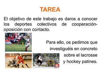 TAREA
El objetivo de este trabajo es daros a conocer
los deportes colectivos de cooperación-
oposición con contacto.
Para ello, os pedimos que
investiguéis en concreto
sobre el lacrosse
y hockey patines.