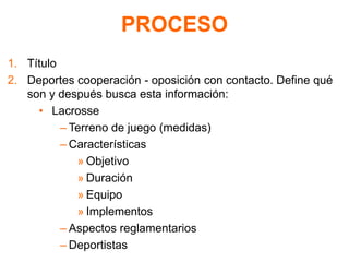 PROCESO
1. Título
2. Deportes cooperación - oposición con contacto. Define qué
son y después busca esta información:
• Lacrosse
– Terreno de juego (medidas)
– Características
» Objetivo
» Duración
» Equipo
» Implementos
– Aspectos reglamentarios
– Deportistas