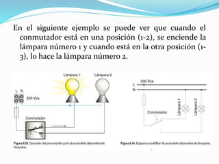 En el siguiente ejemplo se puede ver que cuando el
conmutador está en una posición (1-2), se enciende la
lámpara número 1 y cuando está en la otra posición (1-
3), lo hace la lámpara número 2.
 