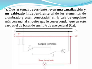 1. Que las tomas de corriente lleven una canalización y
un cableado independiente al de los elementos de
alumbrado y estén conectadas, en la caja de empalme
más cercana, al circuito que le corresponda, que en este
caso es el de bases de enchufe de uso general (C2).
 