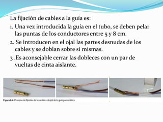 La fijación de cables a la guía es:
1. Una vez introducida la guía en el tubo, se deben pelar
las puntas de los conductores entre 5 y 8 cm.
2. Se introducen en el ojal las partes desnudas de los
cables y se doblan sobre sí mismas.
3 .Es aconsejable cerrar las dobleces con un par de
vueltas de cinta aislante.
 