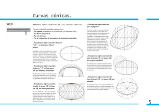 Curvas cónicas.
WEB                                            Métodos constructivos de las curvas cónicas.                   Trazado una elipse dados los
                                                                                                             ejes conjugados.
http://www.educacionplastica.net/conicas.htm   Existen multitud de metodos constructivos:                    Del mismo modo que una circunferencia
                                                Por puntos basandonos en la definicion y el elemento Foco.   vista en perspectiva es una elipse, dos
                                                Por haces proyectivos                                        diámetros perpendiculares aparecerán con
                                                                                                             un ángulo diferente, y serán diámetros
                                                Por envolventes                                              conjugados. Si imaginamos que el conju-
                                                Por la conjuncion de un numero de elementos conocidos.       gadel menor era antes del mismo tamaño
                                                                                                             y perpendicular al mayor, podemos
                                                                                                             aplicar el supuesto desplazamiento de
                                                 Trazado una elipse conocidos los focos                      sus extremos (C’ =C, D’=D) al resto de
                                                                                                             los puntos de una circunferencia inicial.
                                               f´y f´´ y el eje mayor AB, por                                También podemos inscribir los diámetros
                                               puntos.                                                       conjugados en un romboide de lados
                                                                                                             pa ralelos a ellos y aplicar el método de
                                               Basándonos en la primera definición, coloca-                  cruce de proyecciones.
                                               mos varias marcas arbitrarias (1,2,3,4) entre
                                               el centro y un de los focos. Estas divisiones
                                               permiten tomar con el compás pares de distan-                  Trazado una elipse conocidos los
                                               cias (A1/B1, A2/B2), que suman la medida AB.
                                               Trazando arcos desde los focos con medidas
                                                                                                             ejes, el menor CD y el mayor AB,
                                               parciales tomadas desde A y B, localizamos los                por proporcionalidad.
                                               puntos de la curva.
                                                                                                             En el primer caso se utiliza el teorema de Tha-
                                                                                                             les para relacionar las dos medidas diametrales,
                                                 Trazado una elipse conocidos                                y trasvasar las semicuerdas perpendiculares de
                                               los focos f´y f´´ y el eje mayor                              la circunferencia correspondiente al eje menor,
                                               AB, por puntos y envolventes.                                 al eje mayor.

                                               Puede definirse también con rectas tangentes
                                               que serán perpendiculares en la circunferen-
                                               cia principal a otras trazadas desde los vérti-                Trazado una elipse conocidos los
                                               ces (derecha), por tangentes envolventes.
                                                                                                             ejes, el menor CD y el mayor AB, por
                                                                                                             afinidad.
                                                 Trazado una elipse conocidos                                En el segundo caso se colocan las circunferencias
                                               los ejes, el menor CD y el ma-                                de los diámetros mayor y menor concéntricas, que
                                               yor AB, por haces proyectivos                                 son afines a la elipse. Se localizan puntos de la curva
                                                                                                             trazando primero varios radios comunes.
                                               En el tercer método se traza un rectángulo
                                               que tiene los ejes como medianas. Se divide
                                               desde el punto medio uno de los ejes en
                                               el mismo número de partes iguales que el
                                               lado paralelo al otro. Los extremos de este
                                               último, alineados con las divisiones, darán
                                               los puntos buscados.
                                                                                                                                                                       5
 