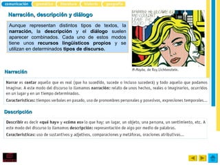Narración, descripción y diálogo
 Aunque representan distintos tipos de textos, la
 narración, la descripción y el diálogo suelen
 aparecer combinados. Cada uno de estos modos
 tiene unos recursos lingüísticos propios y se
 utilizan en determinados tipos de discurso.



Narración




Descripción
 