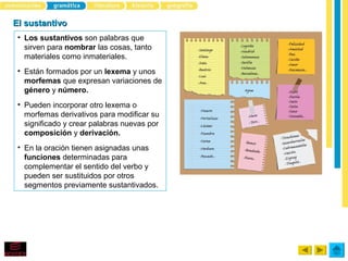 El sustantivo
 • Los sustantivos son palabras que
   sirven para nombrar las cosas, tanto
   materiales como inmateriales.
 • Están formados por un lexema y unos
   morfemas que expresan variaciones de
   género y número.
 • Pueden incorporar otro lexema o
   morfemas derivativos para modificar su
   significado y crear palabras nuevas por
   composición y derivación.
 • En la oración tienen asignadas unas
   funciones determinadas para
   complementar el sentido del verbo y
   pueden ser sustituidos por otros
   segmentos previamente sustantivados.
 