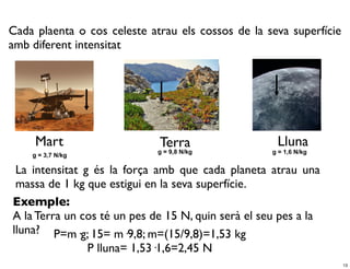 Cada plaenta o cos celeste atrau els cossos de la seva superfície
amb diferent intensitat




     Mart                    Terra                   Lluna
                             g = 9,8 N/kg           g = 1,6 N/kg
    g = 3,7 N/kg

 La intensitat g és la força amb que cada planeta atrau una
 massa de 1 kg que estigui en la seva superfície.
Exemple:
A la Terra un cos té un pes de 15 N, quin serà el seu pes a la
lluna? P=m·g; 15= m·9,8; m=(15/9,8)=1,53 kg
                P lluna= 1,53·1,6=2,45 N
                                                                    13
 