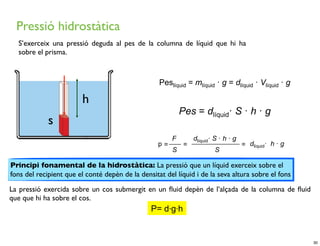 Pressió hidrostàtica
  S’exerceix una pressió deguda al pes de la columna de líquid que hi ha
  sobre el prisma.



                                                   Peslíquid = mlíquid · g = dlíquid · Vlíquid · g

                        h
                                                            Pes = dlíquid· S · h · g
             s
                                                        F        dlíquid· S · h · g
                                                   p=        =                        = dlíquid· h · g
                                                        S                 S

Principi fonamental de la hidrostàtica: La pressió que un líquid exerceix sobre el
fons del recipient que el conté depèn de la densitat del líquid i de la seva altura sobre el fons

La pressió exercida sobre un cos submergit en un ﬂuid depèn de l’alçada de la columna de ﬂuid
que que hi ha sobre el cos.
                                                P= d⋅g⋅h


                                                                                                         30
 