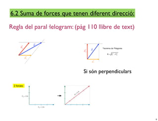 6.2 Suma de forces que tenen diferent direcció:

Regla del paral·lelogram: (pàg 110 llibre de text)




                             Si són perpendiculars




                                                     8
 