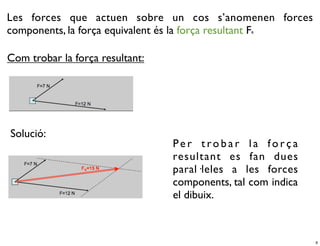 Les forces que actuen sobre un cos s’anomenen forces
components, la força equivalent és la força resultant F
                                                 R




Com trobar la força resultant:




Solució:
                                 Per trobar la força
                                 resultant es fan dues
                                 paral·leles a les forces
                                 components, tal com indica
                                 el dibuix.



                                                              9
 