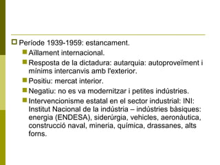 Període de 1959 a 1974: liberalització i
desenvolupament industrial.
 Ajut dels EUA (Eisenhower, context de guerra freda)...
