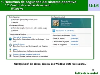 Ud.6
1. Recursos de seguridad del sistema operativo1. Recursos de seguridad del sistema operativo
1.2. Control de cuentas de usuario1.2. Control de cuentas de usuario
WindowsWindows
Índice de la unidadÍndice de la unidad
Configuración del control parental con Windows Vista Professional.Configuración del control parental con Windows Vista Professional.
13
 