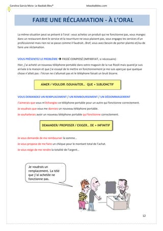 Carolina García Mora- Le Baobab Bleu® lebaobabbleu.com
12
La même situation peut se présent à l’oral : vous achetez un produit qui ne fonctionne pas, vous mangez
dans un restaurant dont le service et la nourriture ne vous plaisent pas, vous engagez les services d’un
professionnel mais rien ne se passe comme il faudrait…Bref, vous avez besoin de porter plainte et/ou de
faire une réclamation.
VOUS PRÉSENTEZ LE PROBLÈME PASSÉ COMPOSÉ (IMPARFAIT, si nécessaire)
Hier, j’ai acheté un nouveau téléphone portable dans votre magasin de la rue Rivoli mais quand je suis
arrivée à la maison et que j’ai essayé de le mettre en fonctionnement je me suis aperçue que quelque
chose n’allait pas : l’écran ne s’allumait pas et le téléphone faisait un bruit bizarre.
VOUS DEMANDEZ UN REMPLACEMENT / UN REMBOURSEMENT / UN DÉDOMMAGEMENT
J’aimerais que vous m’échangiez ce téléphone portable pour un autre qui fonctionne correctement.
Je voudrais que vous me donniez un nouveau téléphone portable.
Je souhaiterais avoir un nouveau téléphone portable qui fonctionne correctement.
Je vous demande de me rembourser la somme…
Je vous propose de me faire un chèque pour le montant total de l’achat.
Je vous exige de me rendre la totalité de l’argent…
FAIRE UNE RÉCLAMATION - À L’ORAL
AIMER / VOULOIR /SOUHAITER… QUE + SUBJONCTIF
DEMANDER/ PROPOSER / EXIGER… DE + INFINITIF
Je voudrais un
remplacement. La télé
que j’ai achetée ne
fonctionne pas.
 