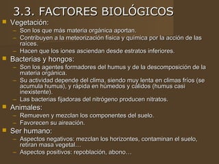 3.3. FACTORES BIOLÓGICOS
   Vegetación:
    – Son los que más materia orgánica aportan.
    – Contribuyen a la meteorización física y química por la acción de las
      raíces.
    – Hacen que los iones asciendan desde estratos inferiores.
   Bacterias y hongos:
    – Son los agentes formadores del humus y de la descomposición de la
      materia orgánica.
    – Su actividad depende del clima, siendo muy lenta en climas fríos (se
      acumula humus), y rápida en húmedos y cálidos (humus casi
      inexistente).
    – Las bacterias fijadoras del nitrógeno producen nitratos.
   Animales:
    – Remueven y mezclan los componentes del suelo.
    – Favorecen su aireación.
   Ser humano:
    – Aspectos negativos: mezclan los horizontes, contaminan el suelo,
      retiran masa vegetal…
    – Aspectos positivos: repoblación, abono…
 