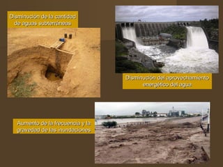 Disminución de la cantidad
  de aguas subterráneas




                                  Disminución del aprovechamiento
                                        energético del agua




  Aumento de la frecuencia y la
  gravedad de las inundaciones
 