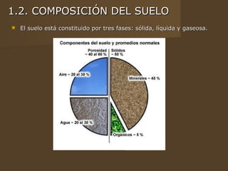 1.2. COMPOSICIÓN DEL SUELO
   El suelo está constituido por tres fases: sólida, líquida y gaseosa.
 
